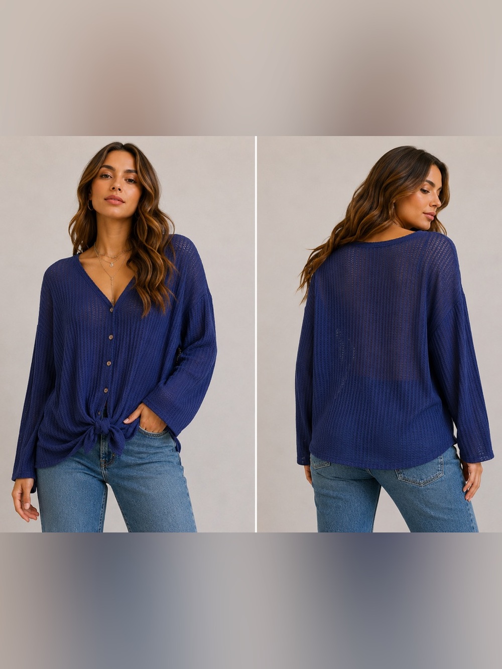 Forever 21 Navy Waffle Knit Tie Front Top – Size Large